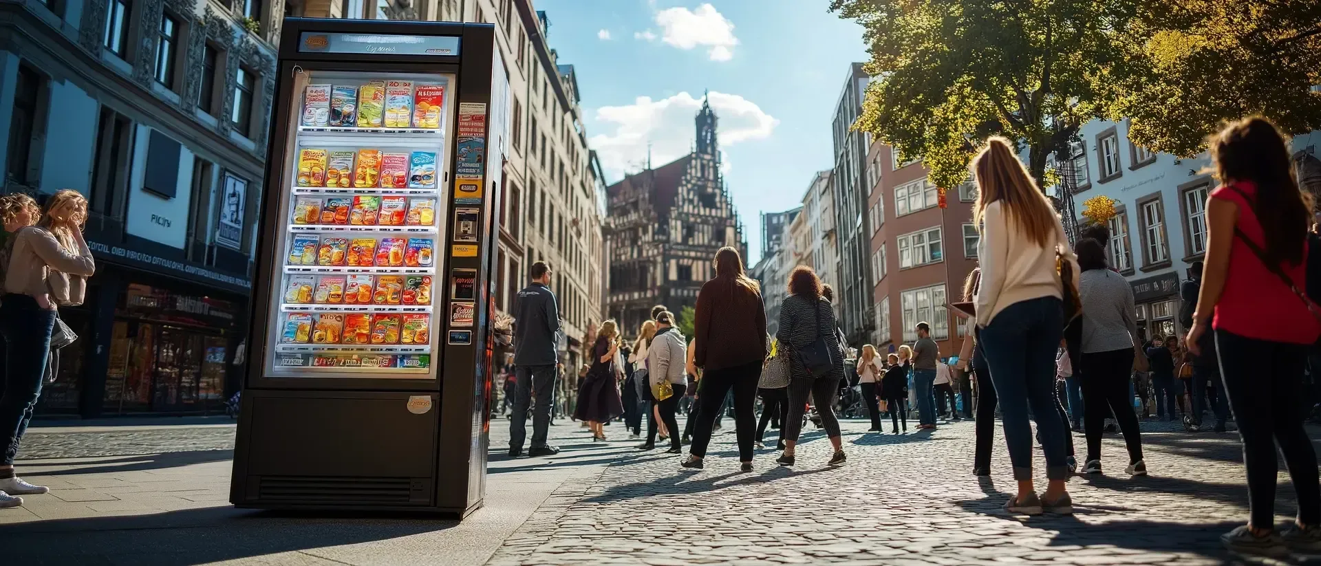 Eine Gruppe von Menschen läuft vor einem Verkaufsautomaten eine Kopfsteinpflasterstraße entlang.