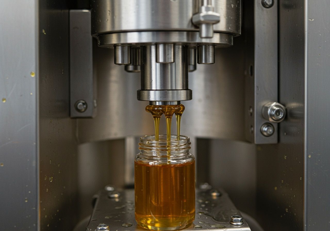 Miel siendo dispensada desde una máquina a un frasco de vidrio.