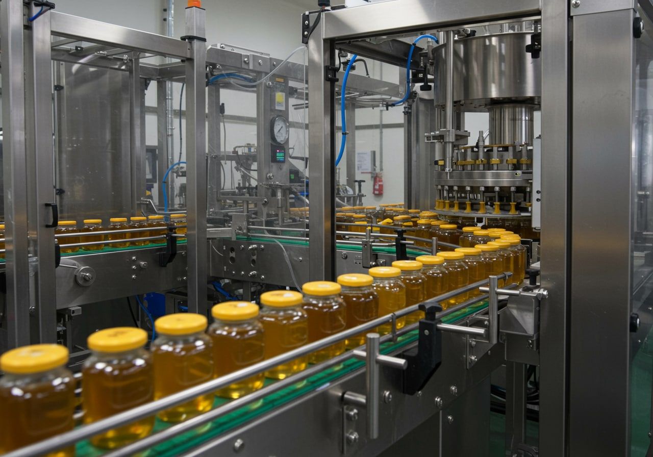 Las botellas de líquido viajan en una cinta transportadora a través de una máquina embotelladora en una fábrica.