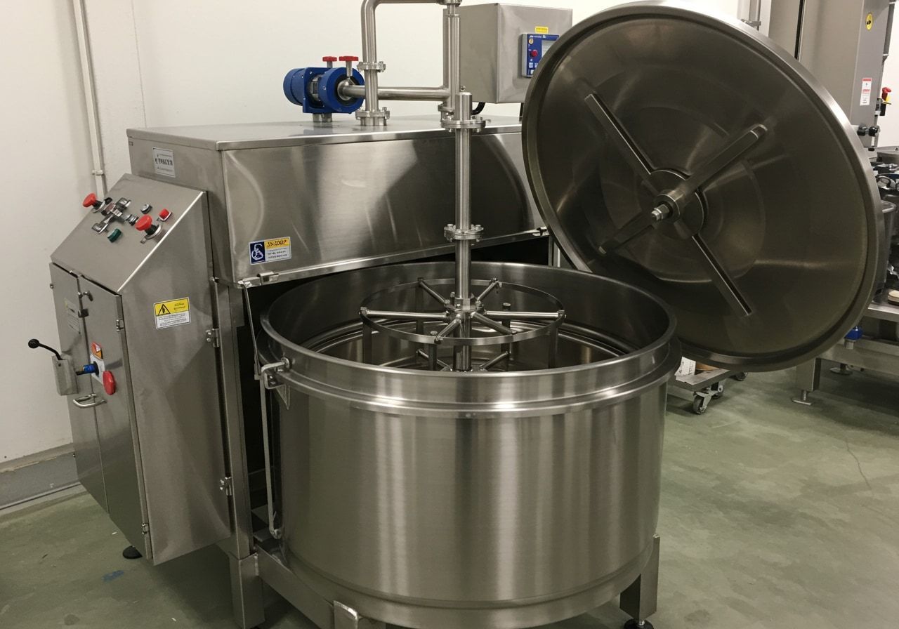Marmita industrial de acero inoxidable con tapa abierta, controles y mezclador.