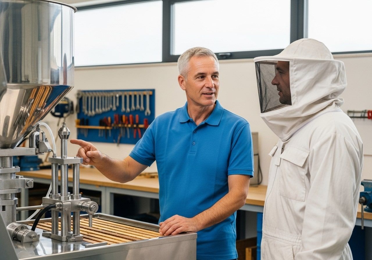 Un hombre con camisa azul explica la maquinaria a una persona con traje de apicultor, en un entorno de taller.