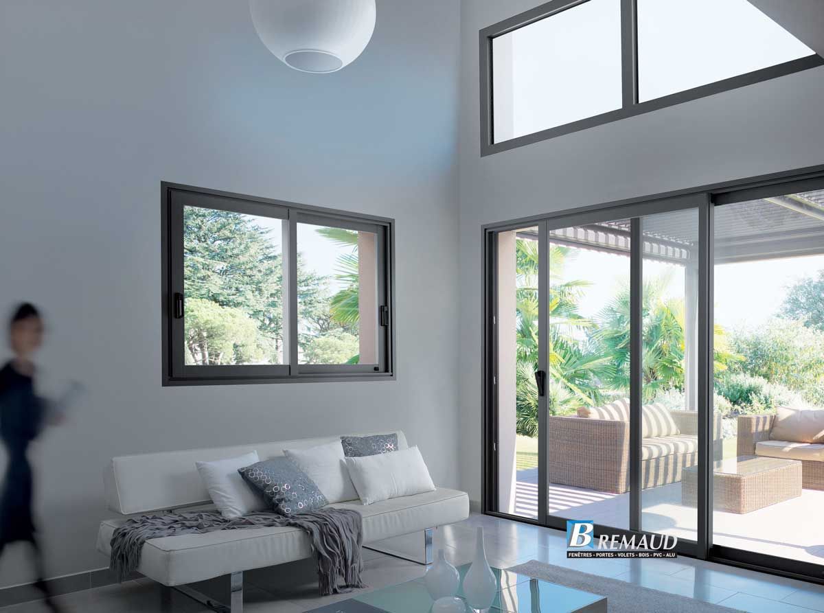 Salon moderne avec portes coulissantes en verre, fenêtre, canapé blanc et silhouette floue.