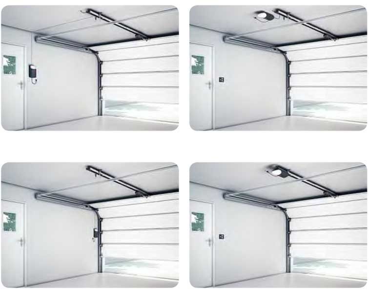 Séquence d'ouverture et de fermeture de la porte de garage. Intérieur blanc avec ouvre-porte et porte de garage intégrés.