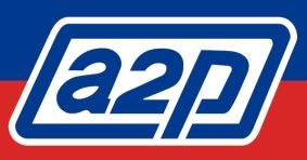 Logo avec l'inscription a2p en bleu à l'intérieur d'un rectangle bleu à bordure blanche sur fond rouge et bleu.