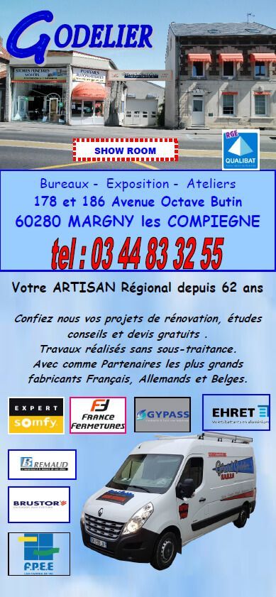 Publicité pour Godelier, présentant des bâtiments, des informations de contact et une camionnette.