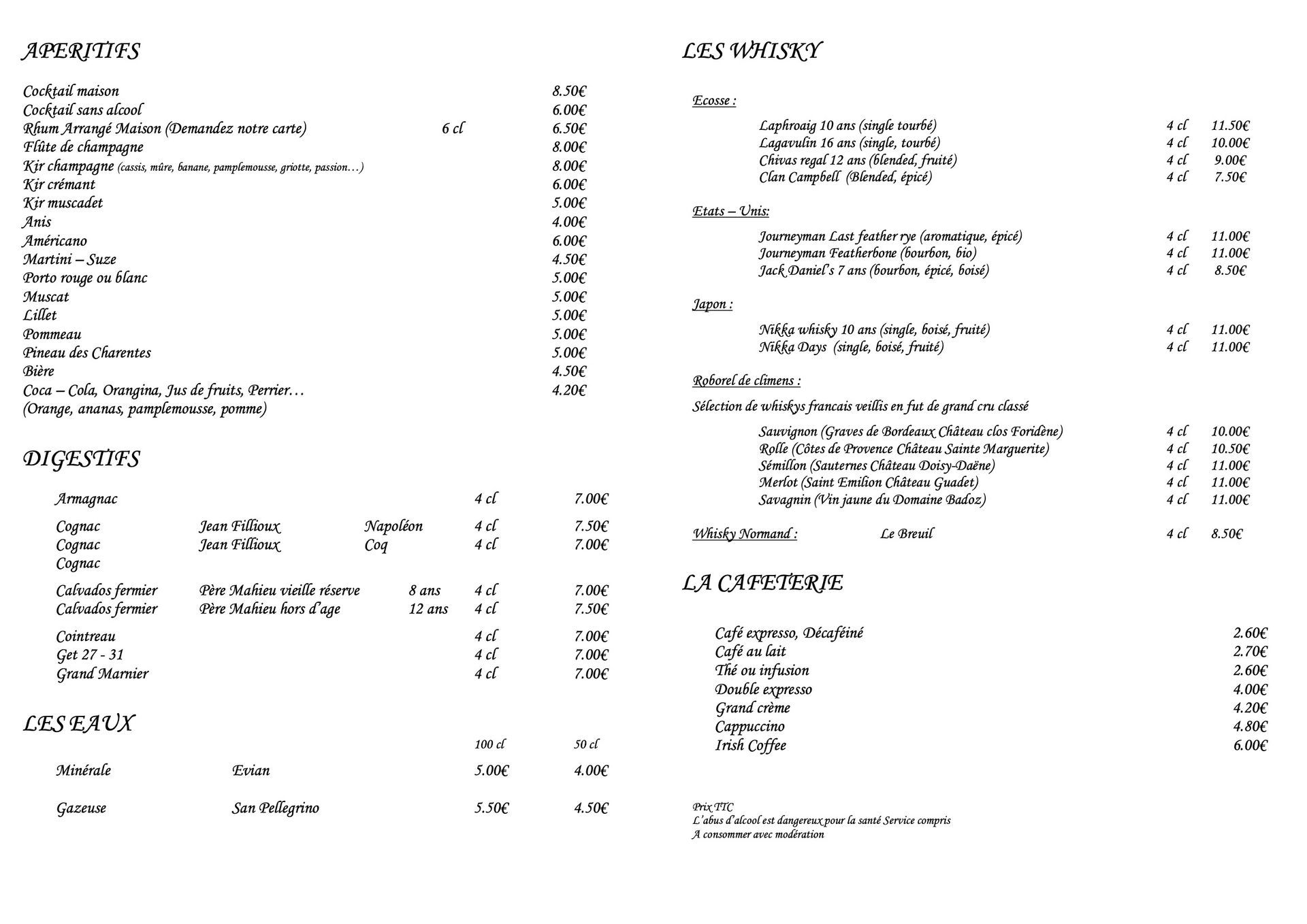 Carte des apéritifs et digestifs Carte des apéritifs et digestifs