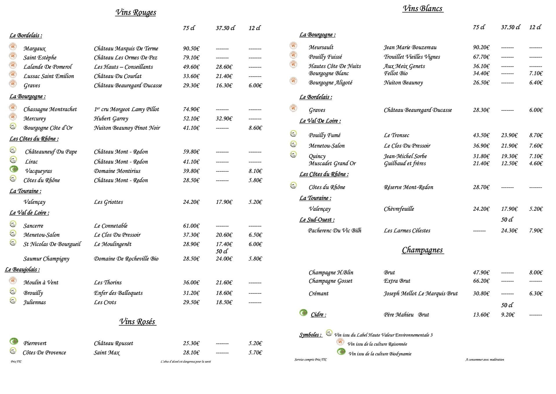 Carte des vins Carte des vins