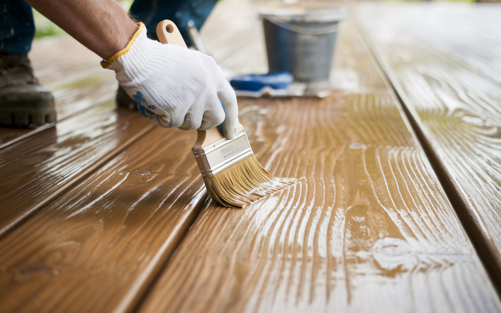Une personne en train de peindre une surface en bois.