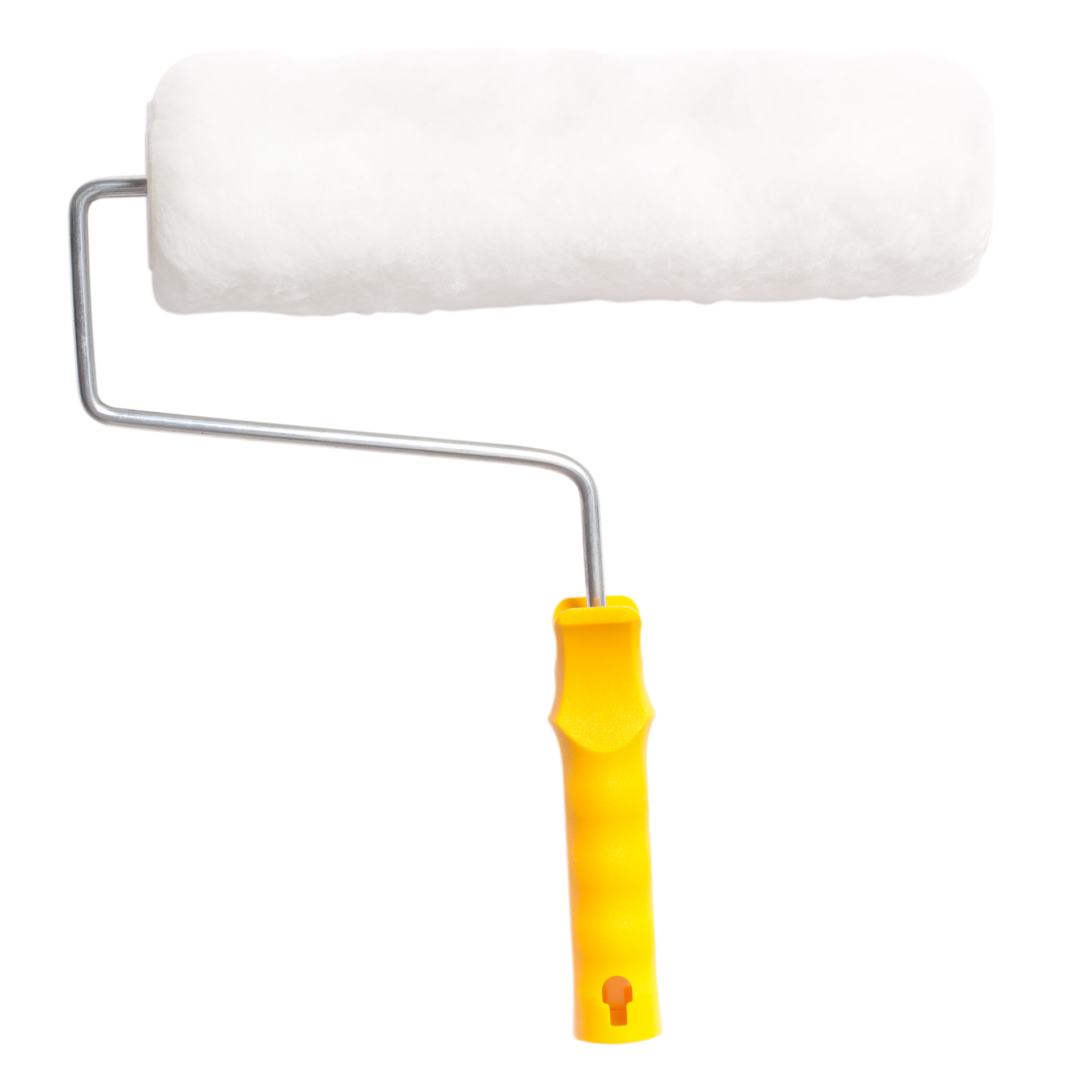 Un rouleau de peinture blanc avec un manche jaune.