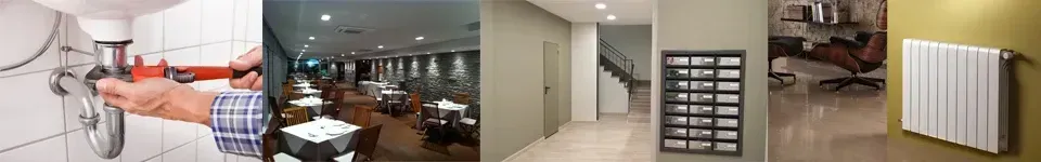 Un collage de cuatro fotografías de un fontanero trabajando en una tubería, un baño, un pasillo y un radiador.