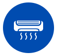 Un círculo azul con un icono blanco de un acondicionador de aire del que sale vapor.