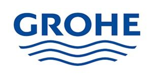 Un logotipo azul y blanco para Grohe con ondas sobre un fondo blanco.