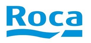 Un logotipo azul y blanco de Roca sobre un fondo blanco.