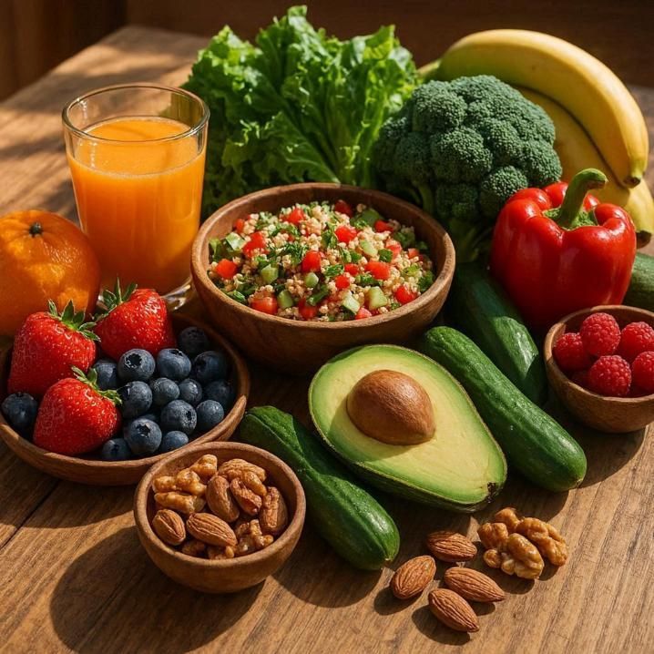 Surtido de frutas y verduras frescas con frutos secos sobre una mesa de madera, incluyendo aguacate, bayas, brócoli y zumo.