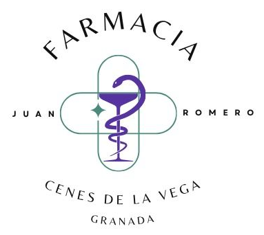Farmacia logo with a purple medical symbol, reading Juan Romero, Cenes de la Vega, Granada