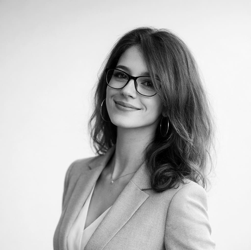 Mujer con gafas y blazer sonríe, retrato.