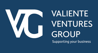 Logotipo de Valiente Ventures Group sobre fondo azul con las iniciales “VG” en blanco y el lema “Apoyando su negocio”.