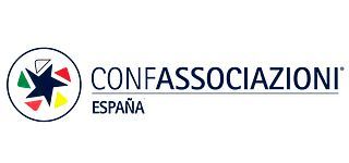 Logotipo para Confassociaioni España: emblema de estrella con elementos coloridos dentro de un círculo, texto a la derecha.