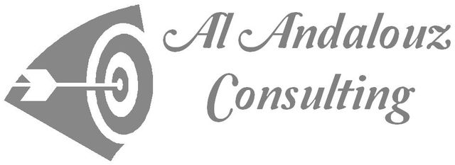Logotipo gris con la inscripción “Al Andalouz Consulting” y un icono estilizado de diana y flecha.