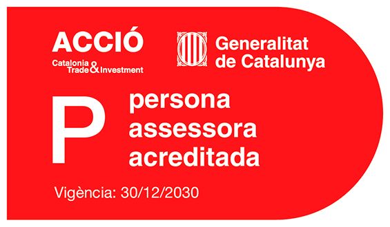 Adhesivo rojo de ACCIO: certificación de "persona evaluadora acreditada", válida hasta el 30/12/2030, de la Generalitat de Cataluña.