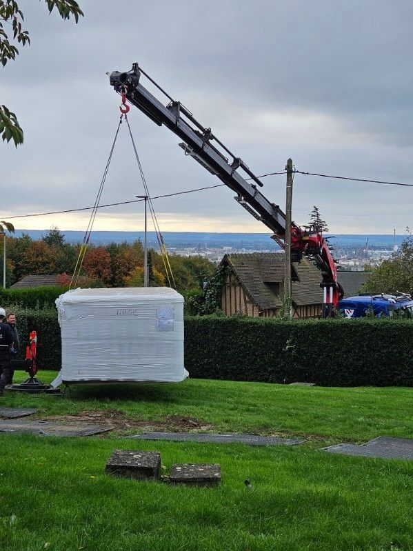 Une grue soulève une palette emballée dans une cour herbeuse sous un ciel couvert.