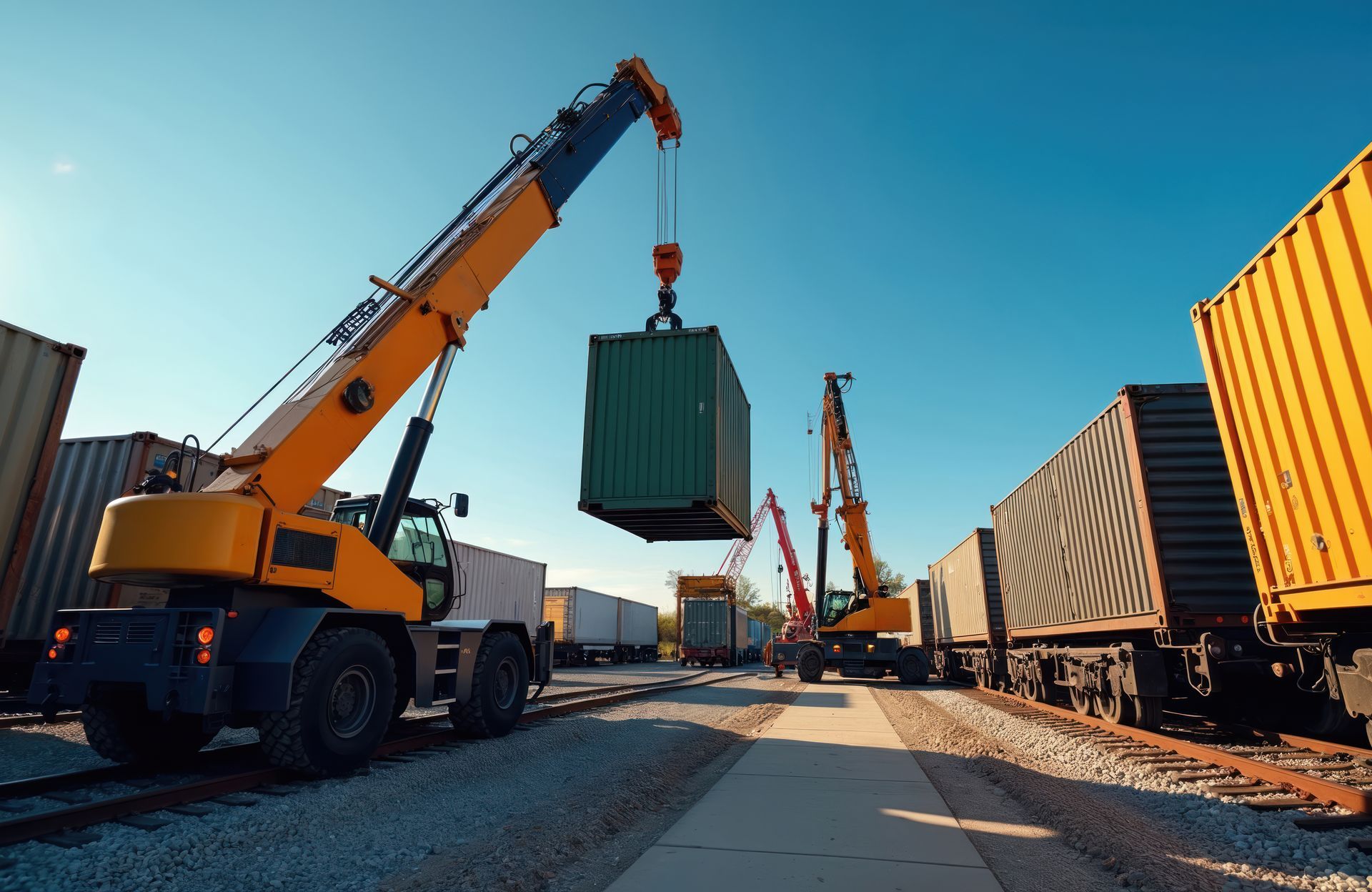 Une grue soulève un conteneur maritime d'un wagon dans une gare de triage.