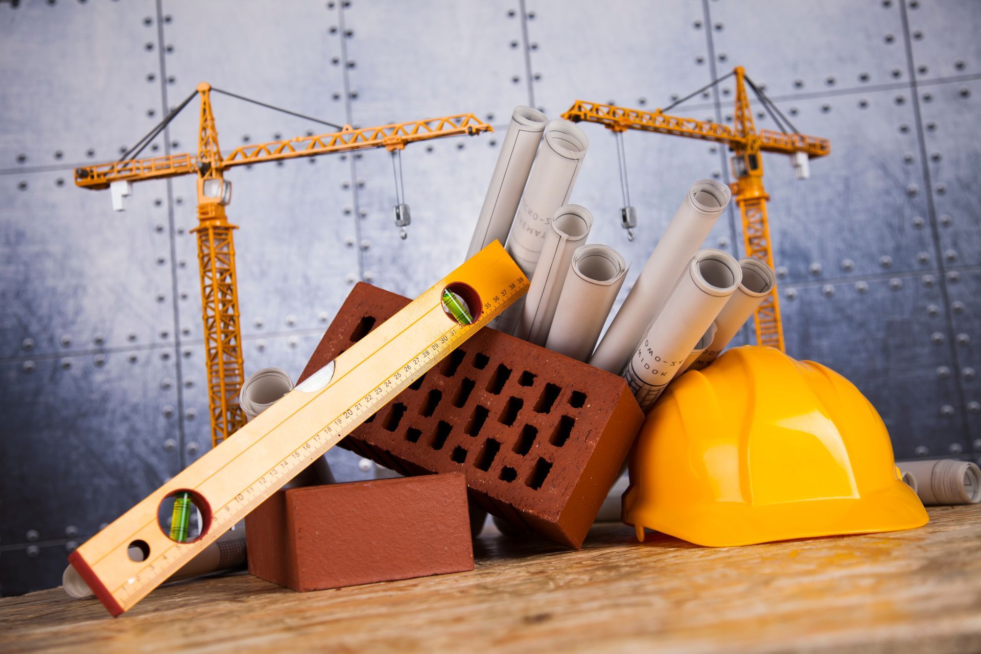 Scène de construction avec grues jaunes, plans, briques, niveau et casque de chantier.