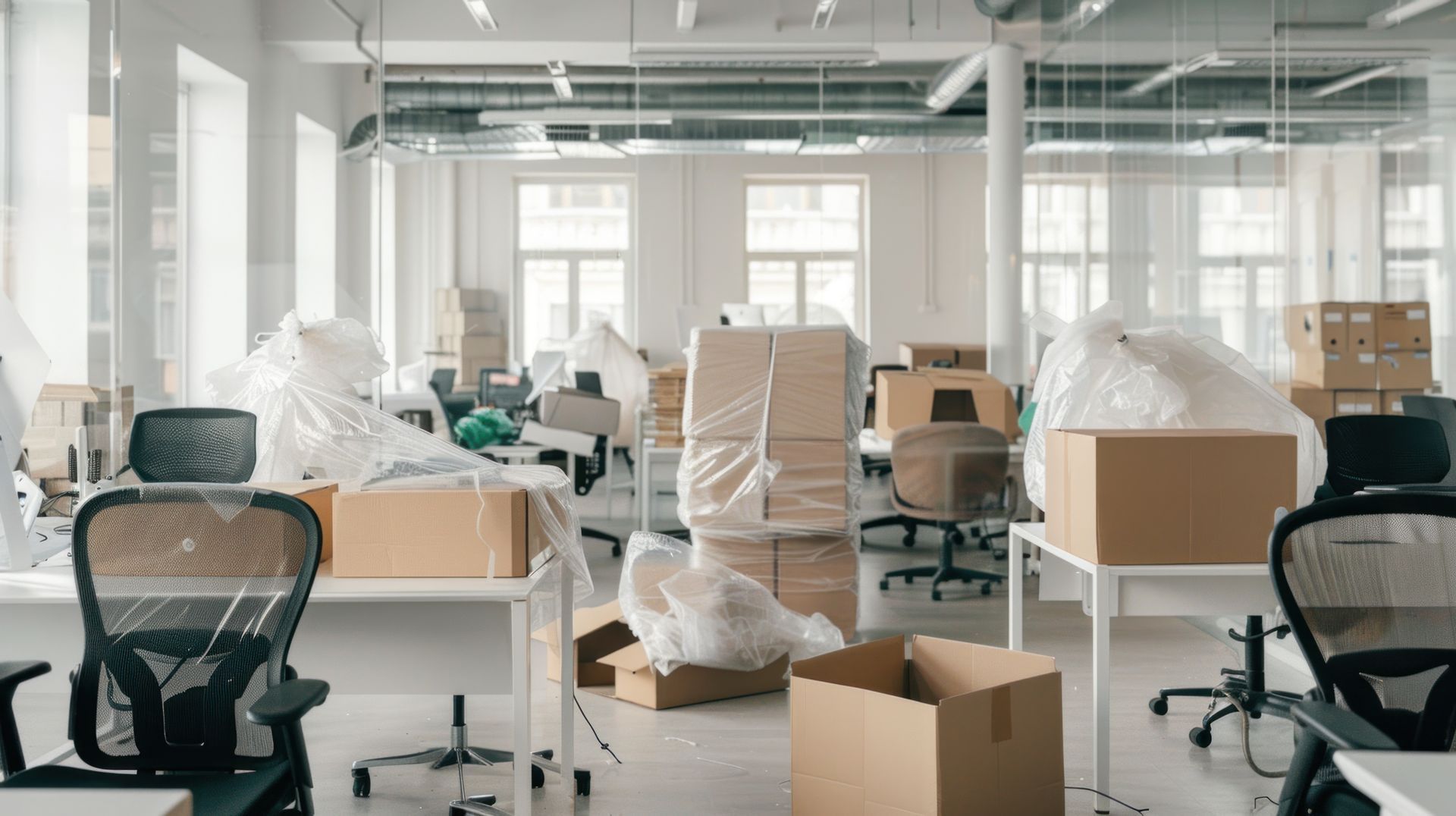 Espace de bureau en désordre ; bureaux, chaises et cartons éparpillés partout, suggérant un déménagement.