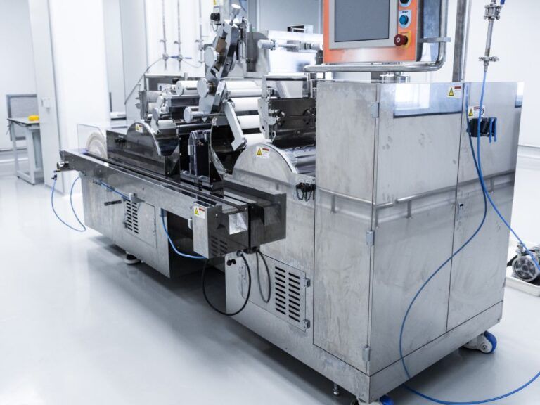 Machine industrielle en acier inoxydable dans une salle blanche stérile.
