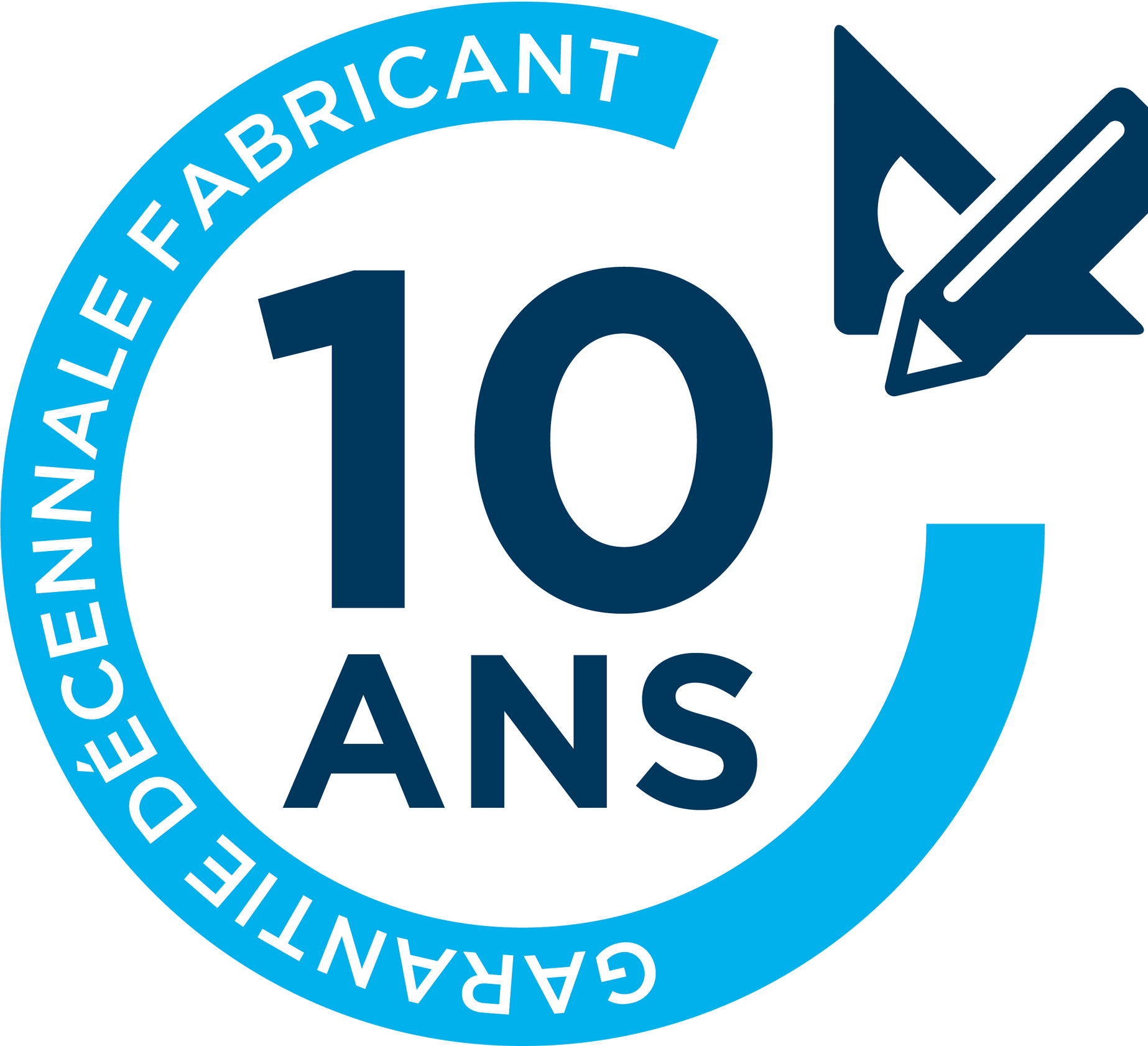 Logo bleu et blanc : garantie constructeur de 10 ans. Comprend une icône représentant un crayon et une règle, avec texte en français.