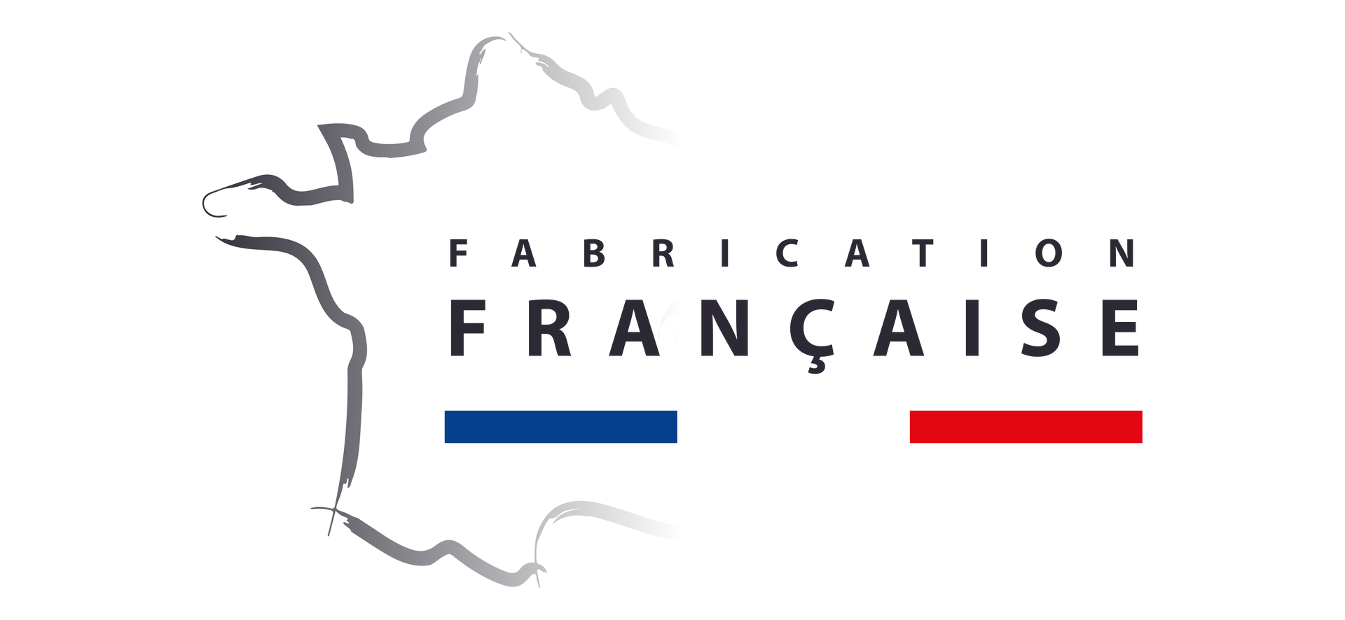 Logo avec le contour de la France, le texte « FABRICATION FRANÇAISE » et des barres horizontales bleues et rouges.