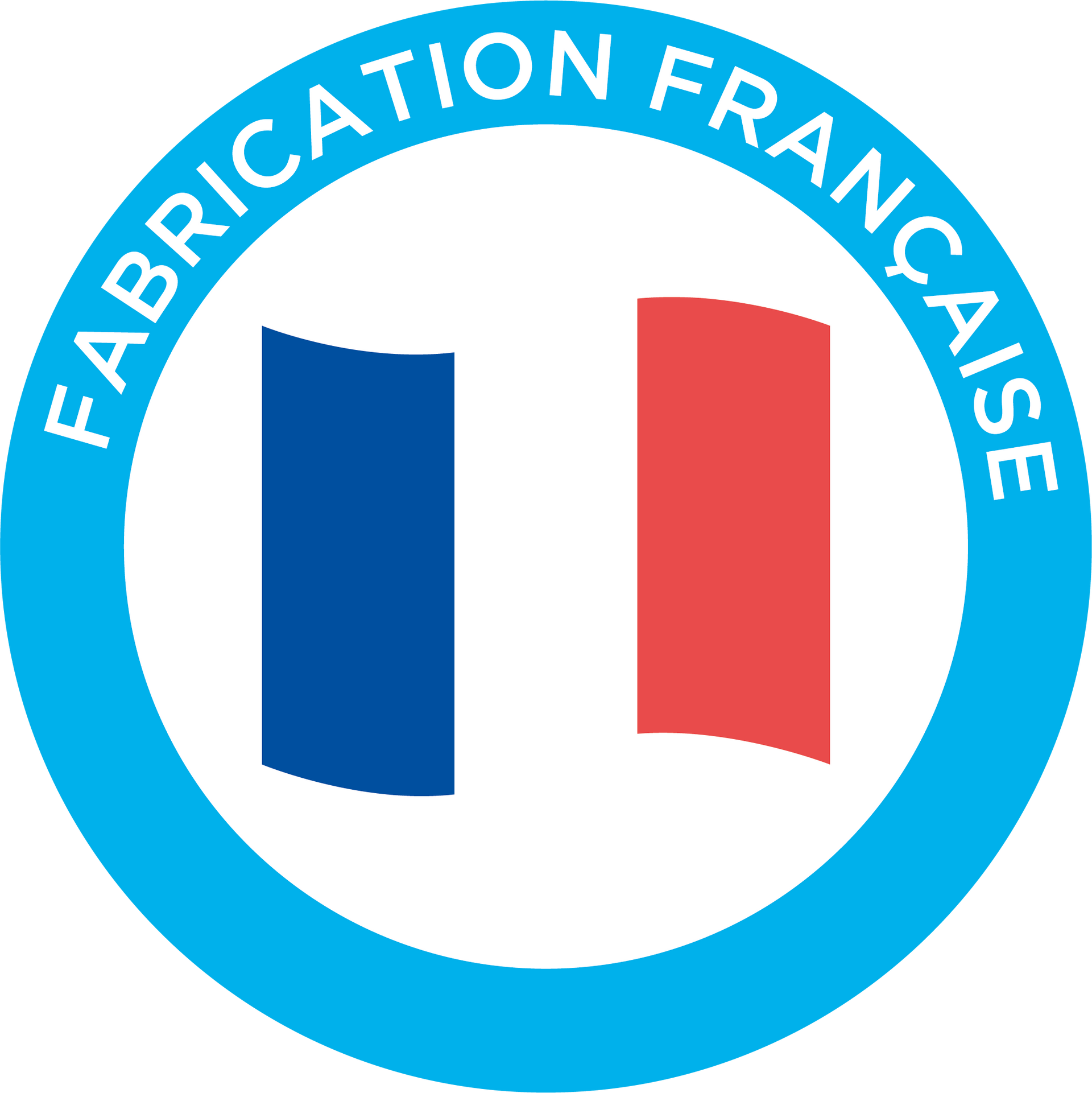 Logo circulaire avec le drapeau français et la mention « Fabrication Française » dans un anneau bleu.