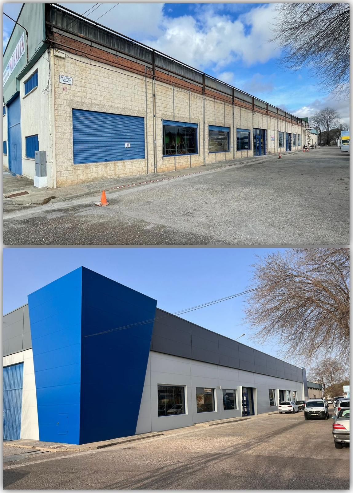 Dos fotografías de un edificio antes y después de ser pintado de azul.