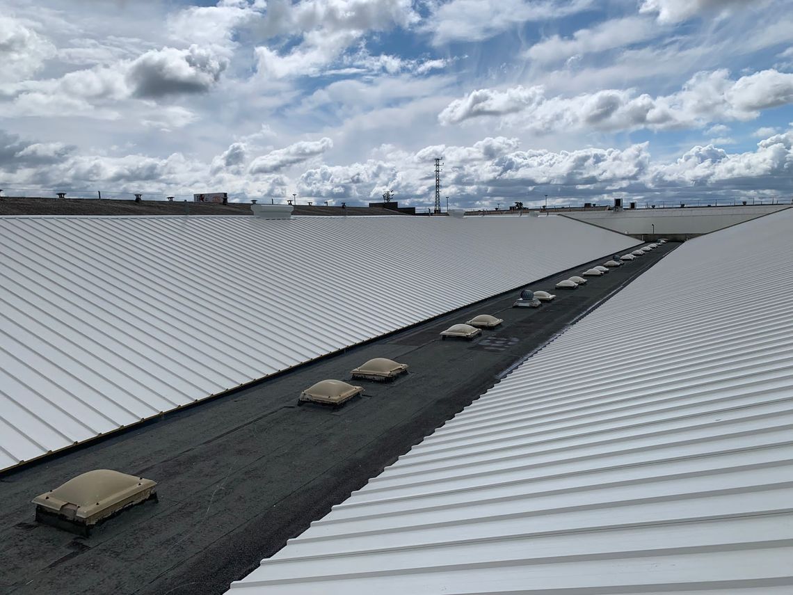 Un gran techo blanco con muchos tragaluces.