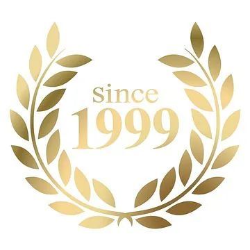 Una corona de laurel dorada con las palabras desde 1999.