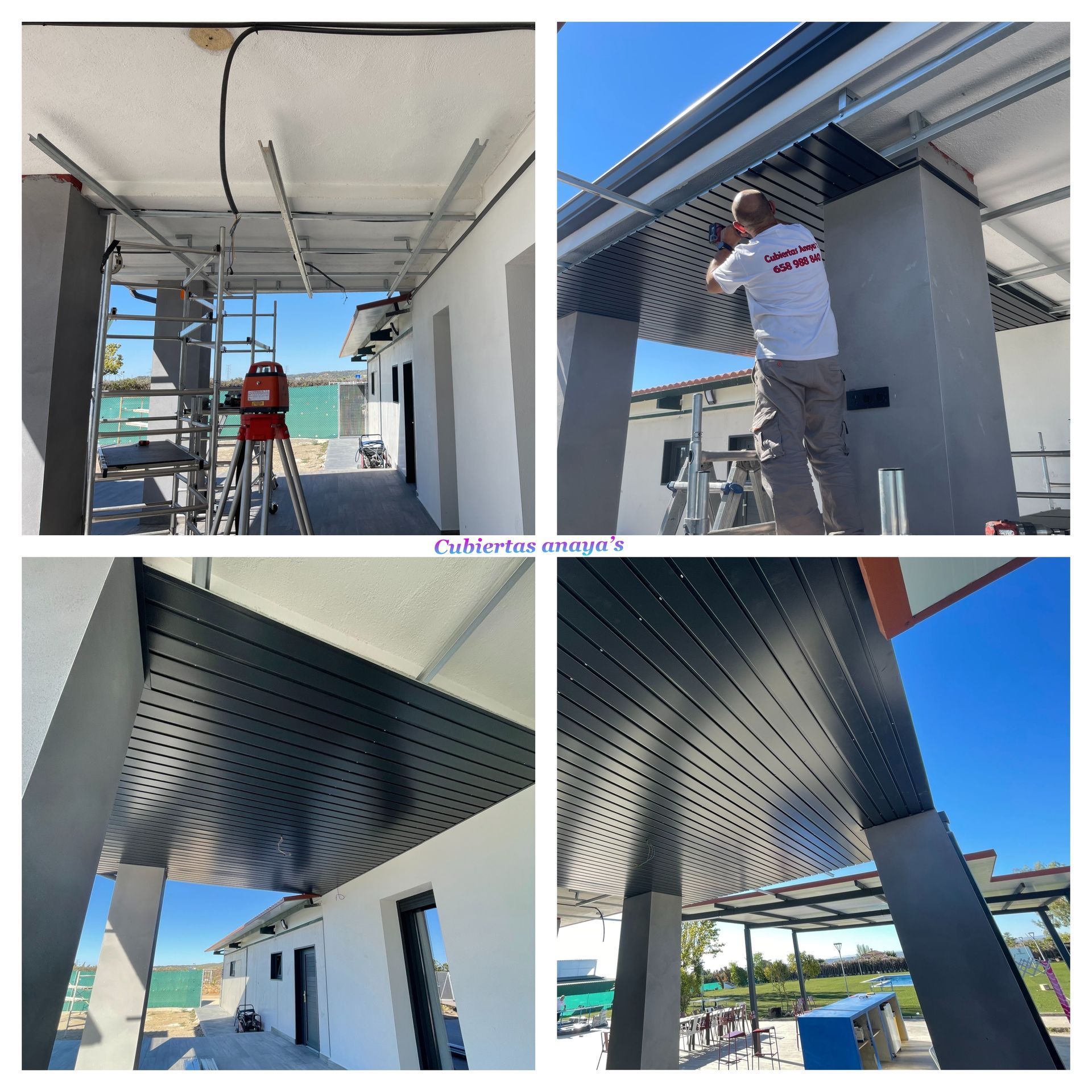Un collage de fotografías muestra a un hombre trabajando en el techo de un edificio.