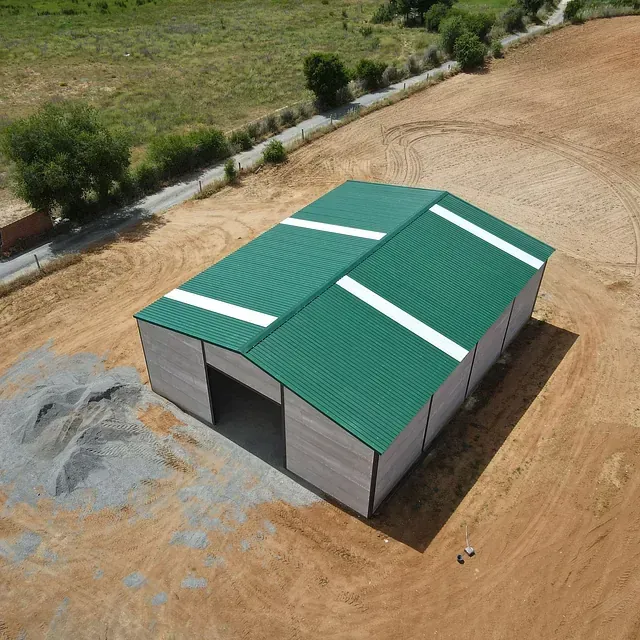 Una vista aérea de un edificio con techo verde.