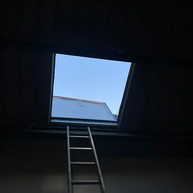 Una escalera conduce a un tragaluz en una habitación oscura.