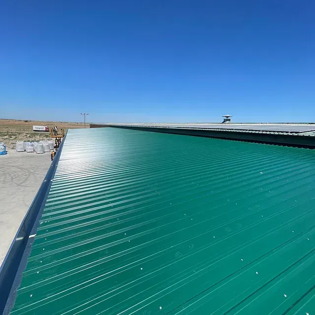 Un techo de metal verde con un cielo azul de fondo.