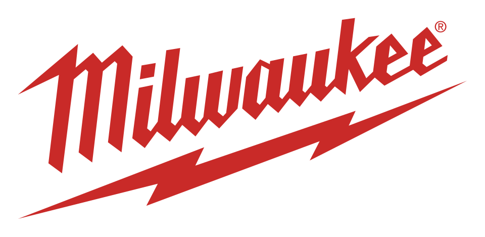Punainen Milwaukee-logo, jossa on tuotemerkin nimi lihavoituna, tyyliteltynä fonttina ja alleviivattuna salaman kuvalla.