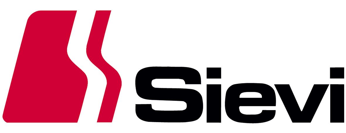 Sievi-yrityksen logo, jossa on tyylitelty punainen geometrinen symboli mustalla ja lihavoituna sanan 
