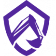 Violetti kilpimainen logo tyylitellyllä kädenpuristuksella ja tarkistusmerkillä
