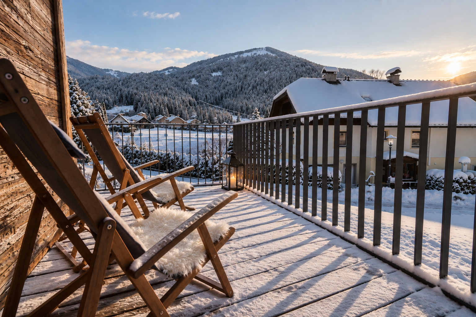 Balkon der Nockalm Suite im Chalet Bergblick Bad Kleinkirchheim – ALPSTAY Apartments mit Liegestühlen und Bergblick