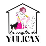 Logotipo: Mujer abrazando a un perro blanco grande y a un perro negro pequeño dentro del contorno de una casa; texto "La casita de YULICAN"