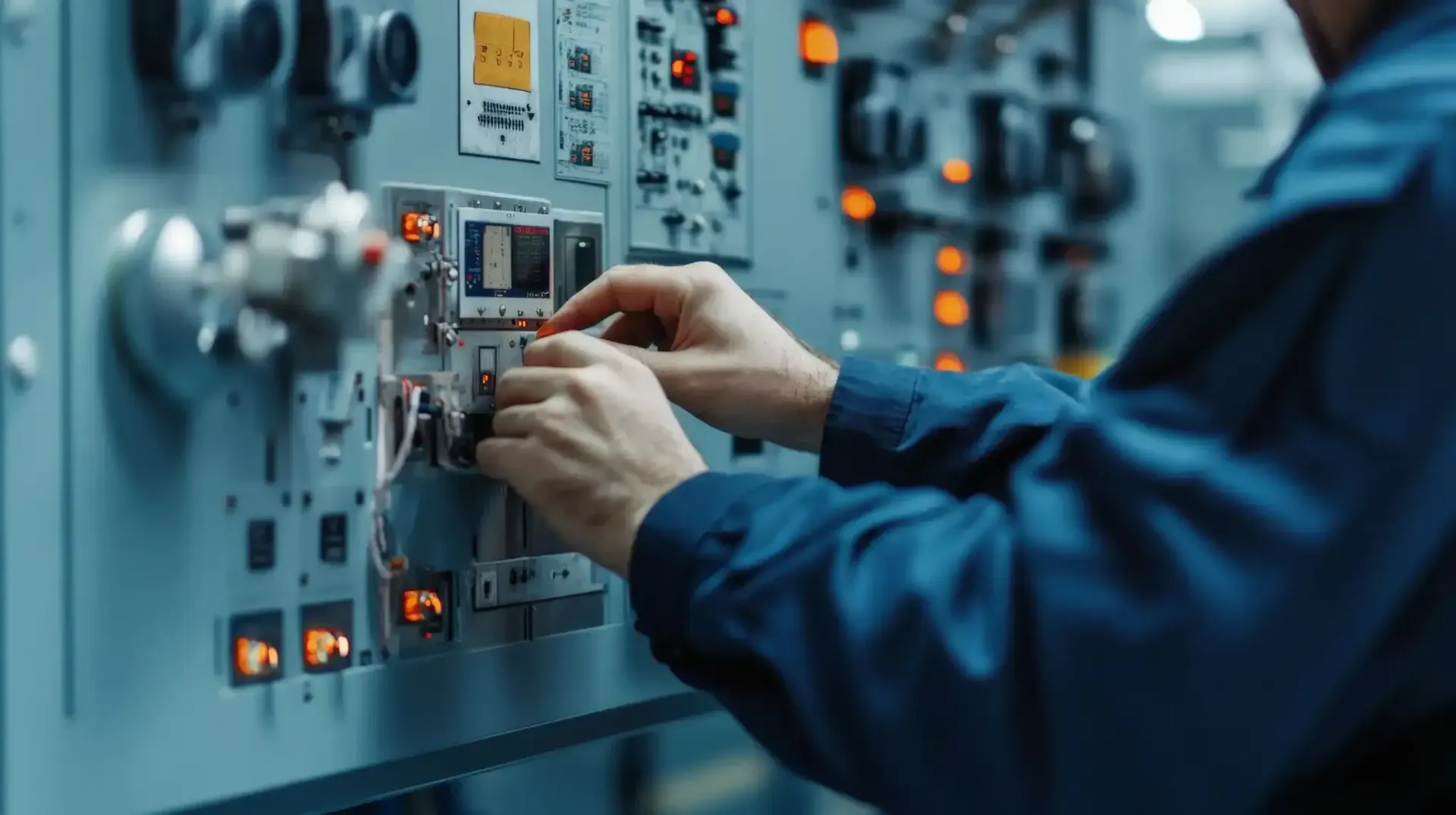 Una persona con uniforme azul trabaja con equipos eléctricos con cables y diales en una sala de control.