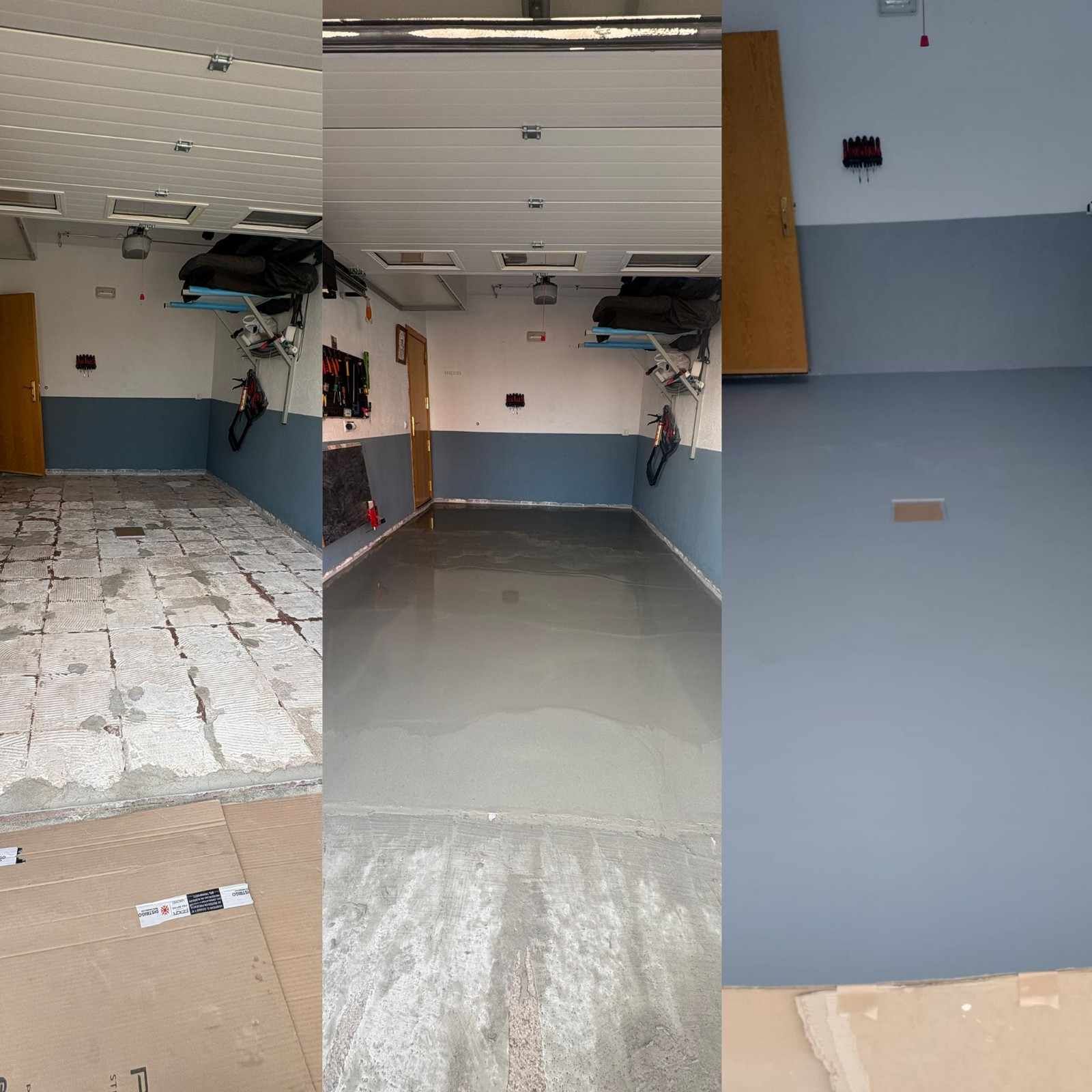 Collage del interior de un garaje antes y después de la limpieza tras la inundación, con el suelo dañado y un acabado de epoxi gris.