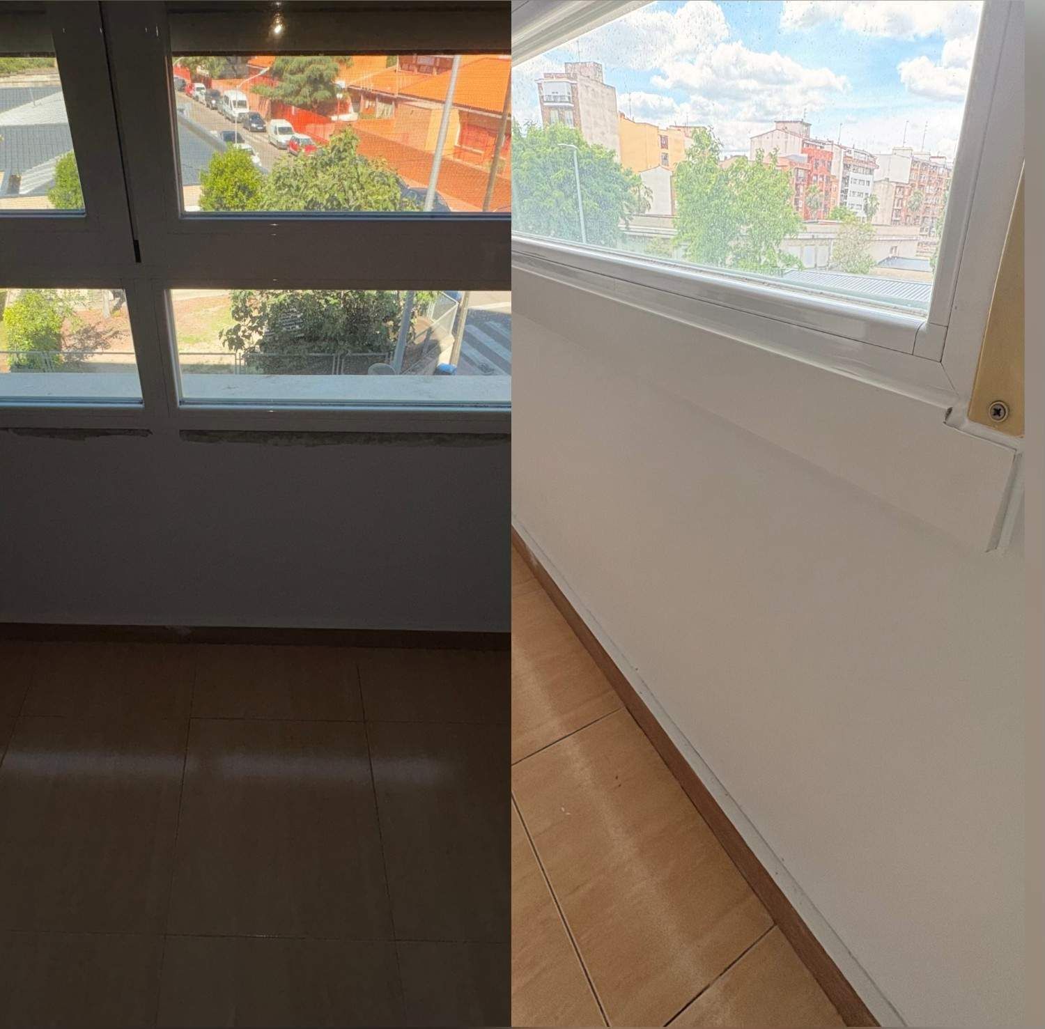 Vista interior de una habitación luminosa con ventanas, que muestra una vista panorámica de la ciudad en el exterior; el lado izquierdo está en penumbra, el lado derecho está iluminado por el sol.
