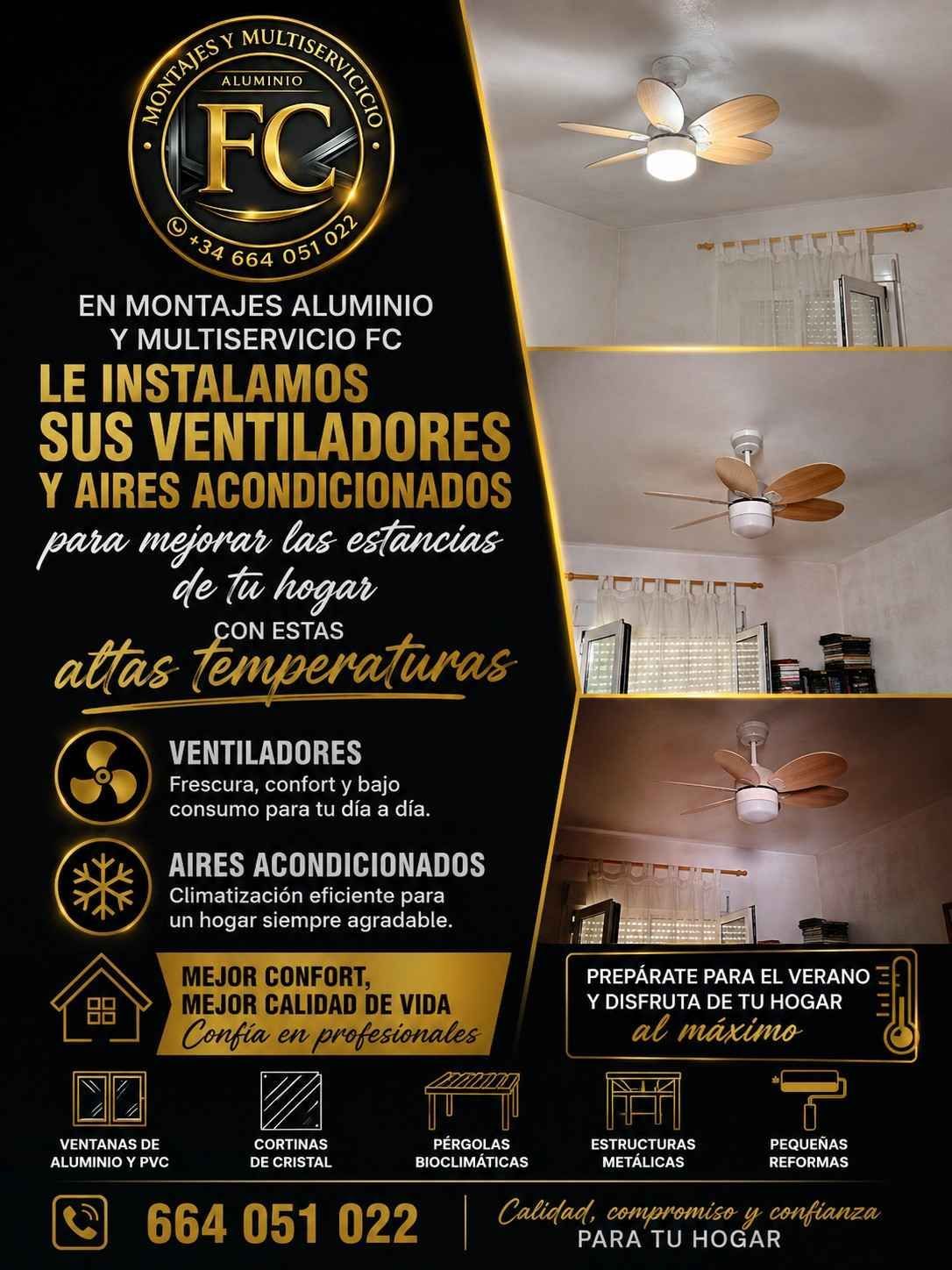Cartel publicitario de instalación de ventiladores y aires acondicionados en Alicante y áreas cercanas.