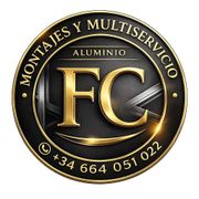 Logotipo dorado y negro de FC Montajes y Multiservicio Aluminio con número de teléfono +34 664 051 022