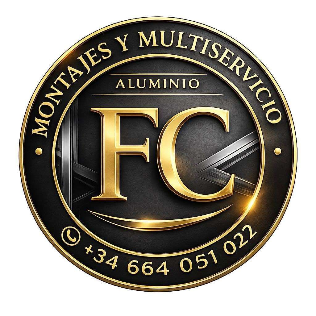 Logotipo dorado y negro de FC Montajes y Multiservicio Aluminio con número de teléfono +34 664 051 022